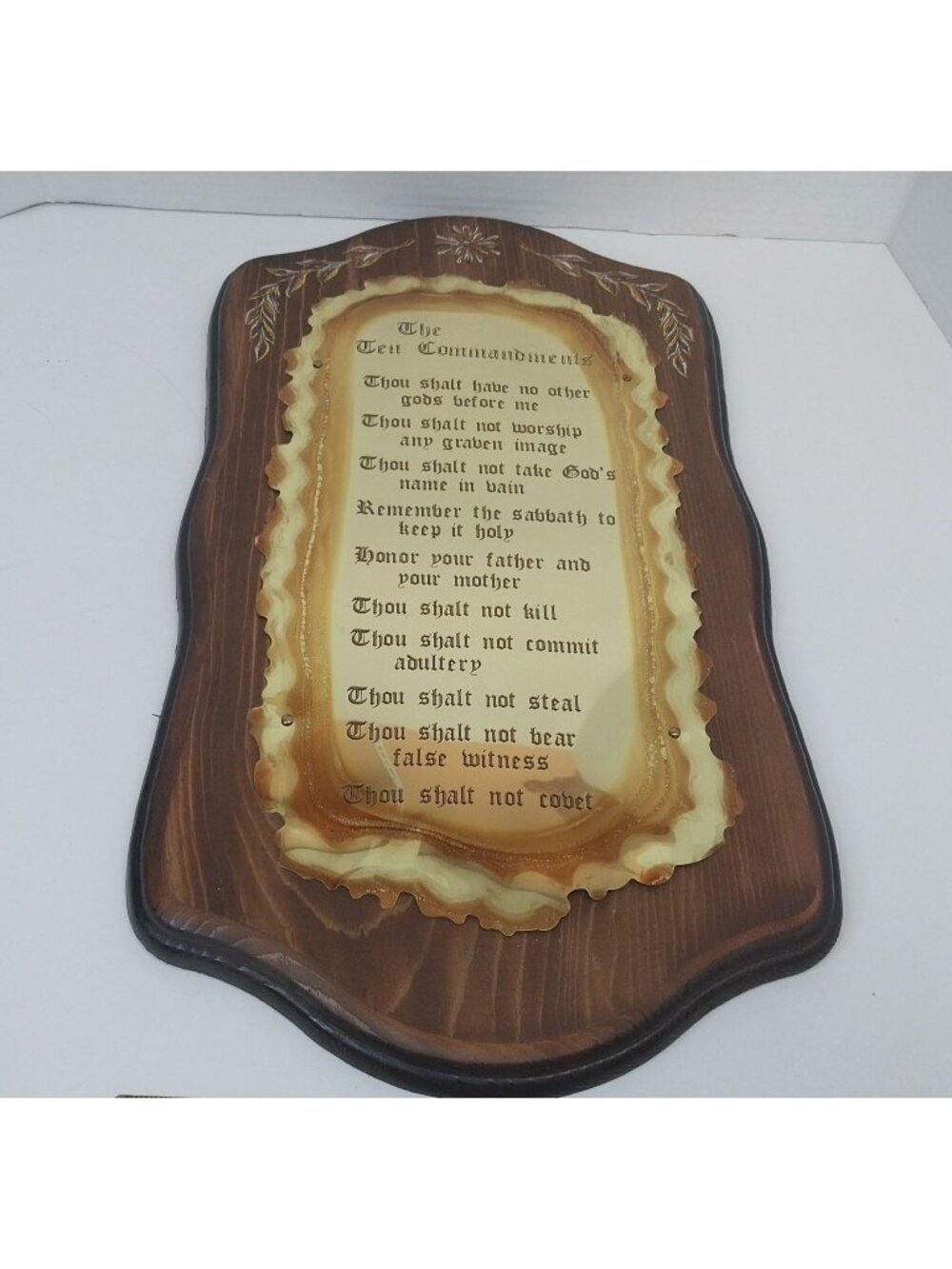 Vintage Wooden Ten Commandments Wall Plaque Brass-Like Engraving 18"x10